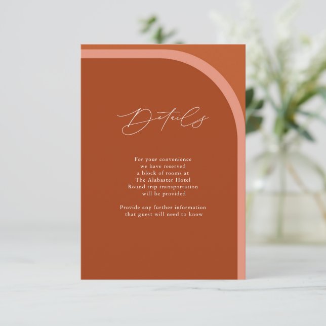 Arched Desert Terra Cotta Modern Wedding Details Begleitkarte (Stehend Vorderseite)