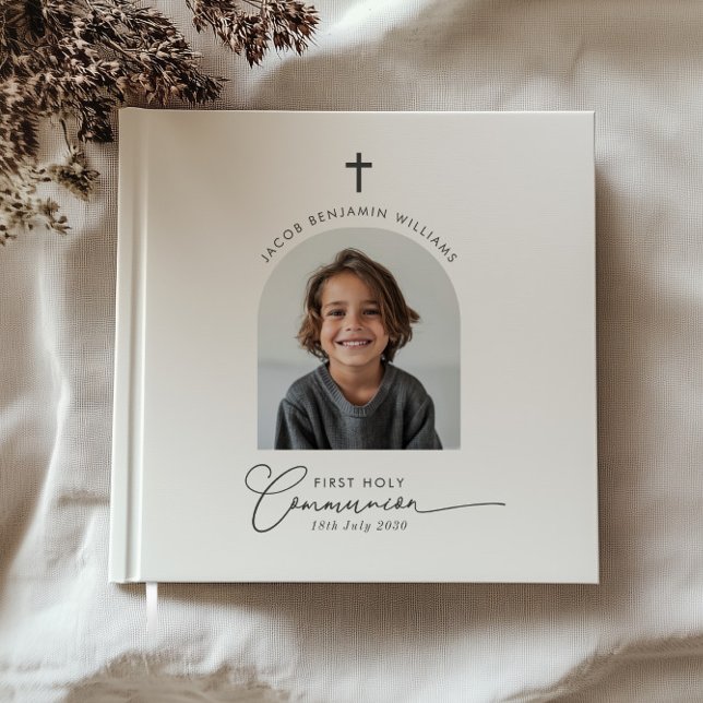 Arched Foto First Communion Boy Gästebuch (Zazzle Arched Photo First Communion Boy Guest Book)
