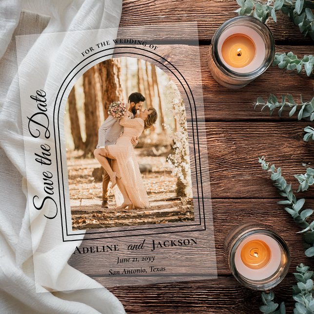 Arched Photo Elegant Script Save the Date Acryleinladungen (Arched Photo Elegant Script "Save the Date" Acrylic Announcement - Black Text and Accents)