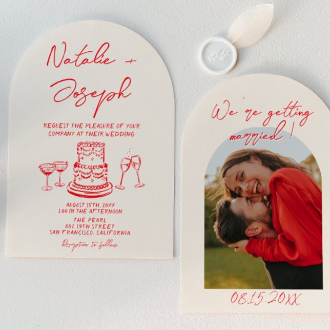 Arched Retro Hand Drawn Red Unique Photo Wedding Einladung (Von Creator hochgeladen)