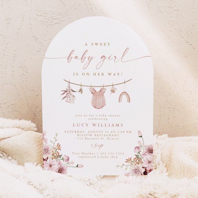 Arched Sweet Baby Girl Clothesline Babydusche Einladung (Von Creator hochgeladen)