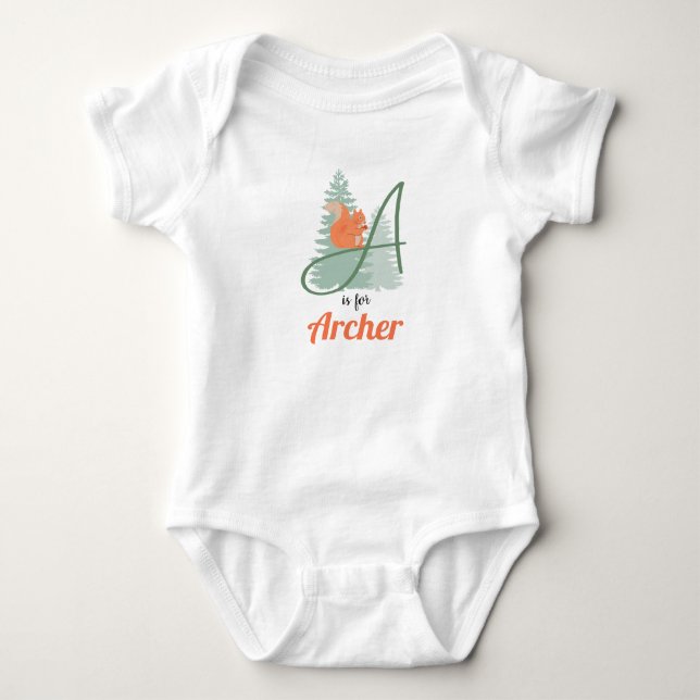 Archer Name Reveal Letter A Woodland Eichhörnchen Baby Strampler (Vorderseite)