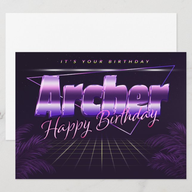 Archer Name Vorname lila retro Karte Geburtstag (Vorne/Hinten)