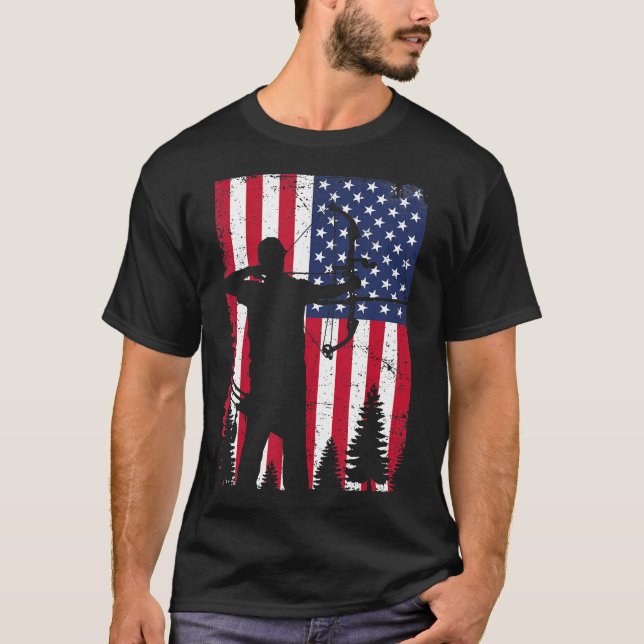 Archery Bow Junting Bow Hunter American Flag T-Shirt (Vorderseite)