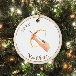 Archery Hands Bow & Arrow Name & Year Pastel Cream Keramik Ornament