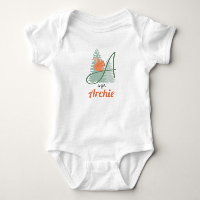 Archie Name Reveal Letter A Woodland Boy Eichhörnc Baby Strampler (Vorderseite)