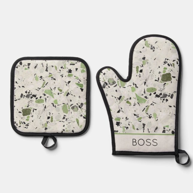 Architectural Terrazzo Black Green NAME Chic Ofenhandschuh & Topflappen-Set (Vorderseite)