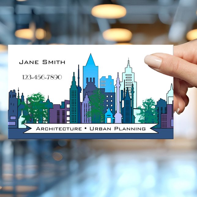 Architecture Carte de visite de planification urba (Modern design professional architect or urban planner business card featuring a city skyline)