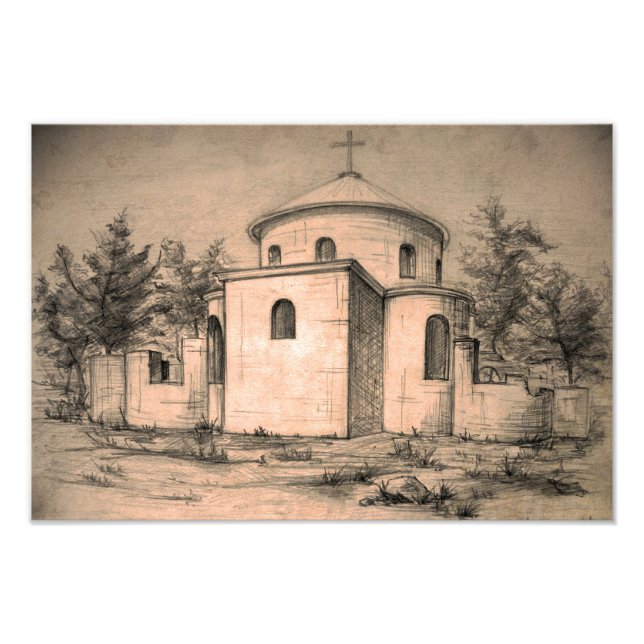 Architektur Antike orthodoxe Kirche Zeichnend Kuns Fotodruck (Vorne)