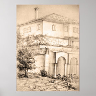 Architektur Traditionelles Haus Zeichnend Skizzenk Poster