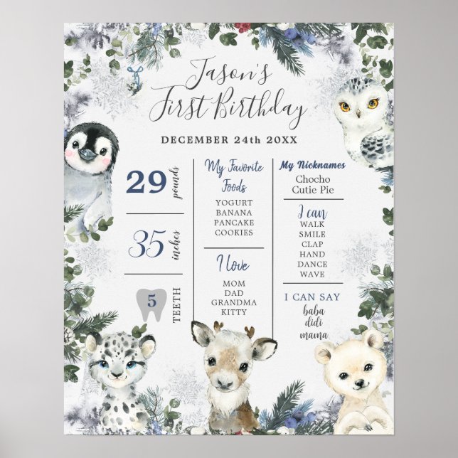 Arctic Animal Onederland 1st Birthday Millestone Poster (Vorne)