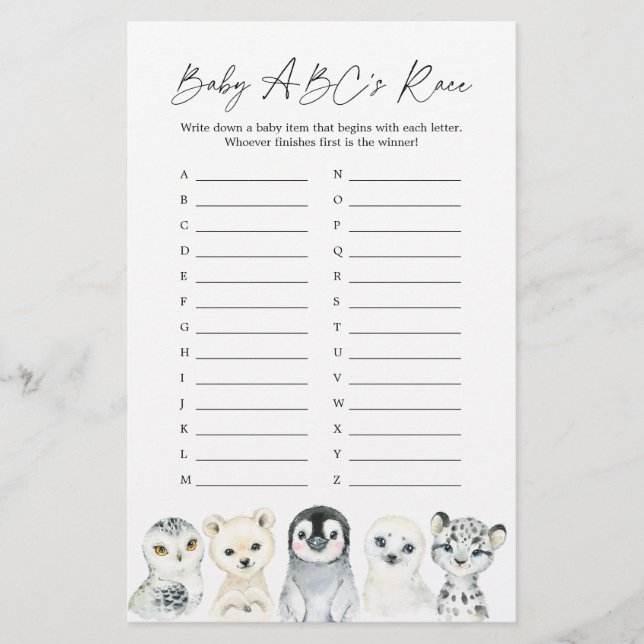 Arctic Animals Baby Shower ABCs Race Game (Vorderseite)