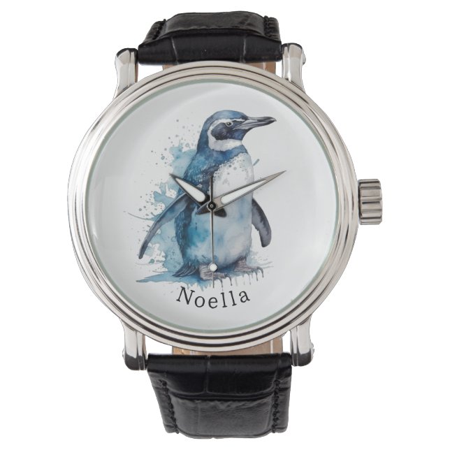 Arctic Azure Watercolor Pinguin, Brauch Armbanduhr (Vorderseite)