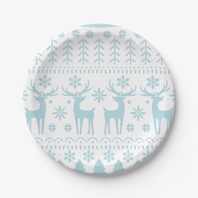 Arctic Blue Folk Art Winter Thema Pappteller (Vorderseite)