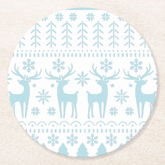 Arctic Blue Folk Art Winter Thema Runder Pappuntersetzer (Vorderseite)