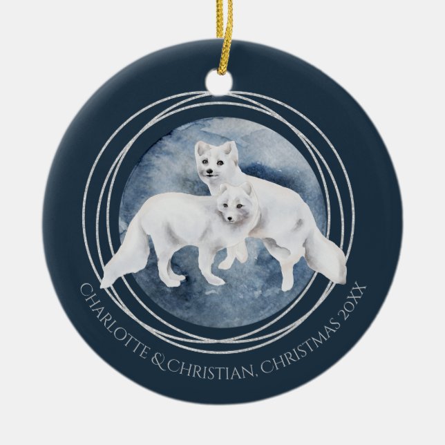 Arctic Fox Couple Winter Christmas Personalized Keramik Ornament (Vorne)