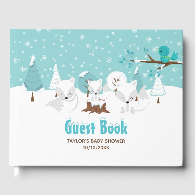 Arctic Fox Winter Wonderland Baby Dusche Gästebuch (Vorderseite)