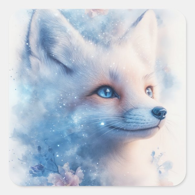 Arctic Fox with Blue Eyes in Galaxy Nebula Quadratischer Aufkleber (Vorderseite)