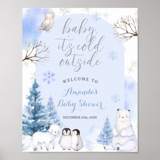 ARCTIC TIERE Schneeflocken Bäume Babydusche Willko Poster (Vorne)