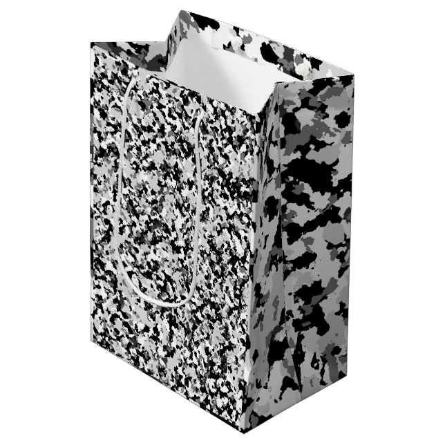 Arctic White Gray Black Camouflage Camouflage Part Mittlere Geschenktüte (Vorderseite Schrägansicht)