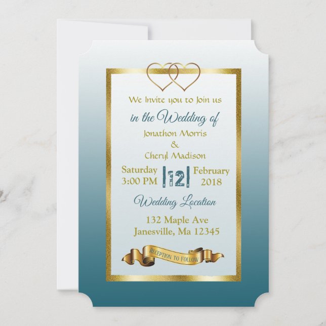 Ardoise Bleu et Coeurs d'or Invitations de mariage (Devant)