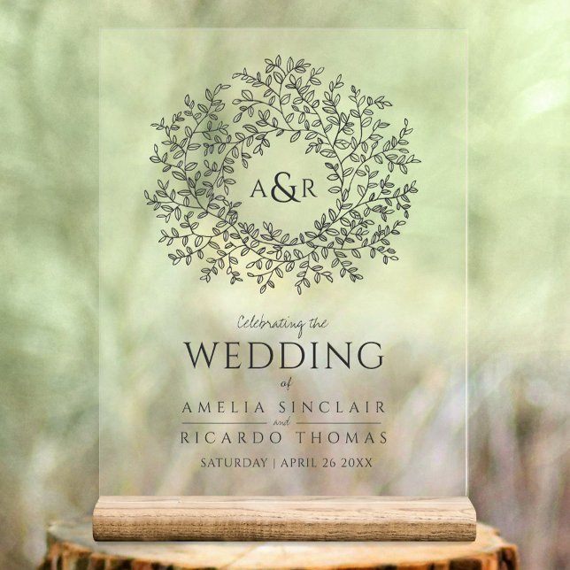 Ardoise circulaire feuille mariage gris foncé et b (Créateur téléchargé)