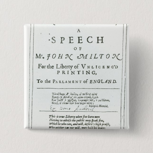 Areopagitica eine Rede von John Milton Button (Vorderseite)