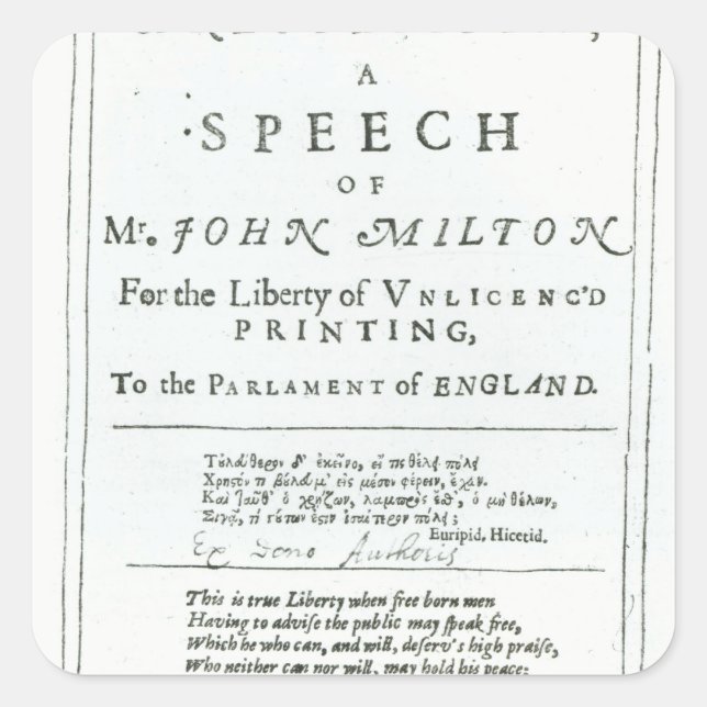 Areopagitica' eine Rede von John Milton Quadratischer Aufkleber (Vorderseite)