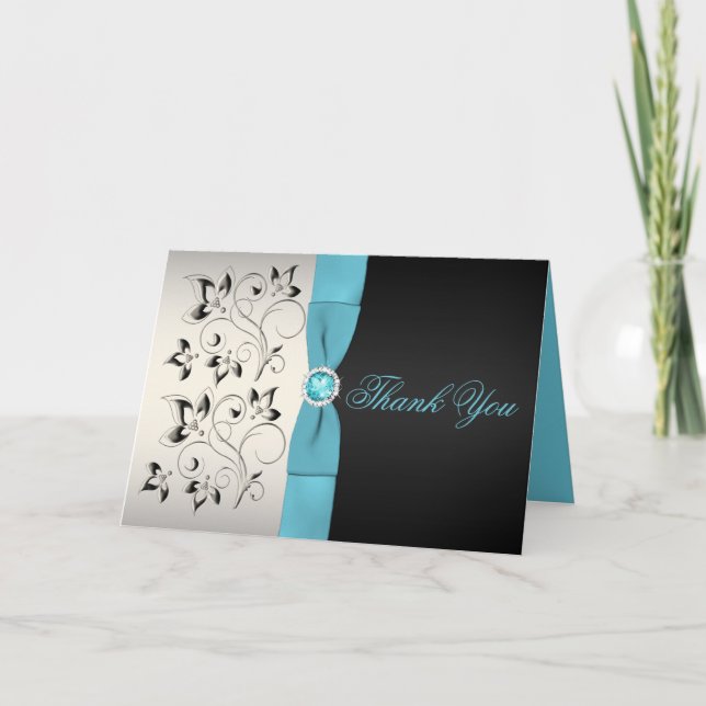 Argent, Aqua et Carte de remerciements Floral Noir (Devant)