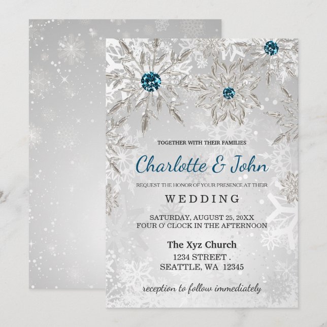 argent aqua flocons de neige invitation de mariage (Devant / Derrière)