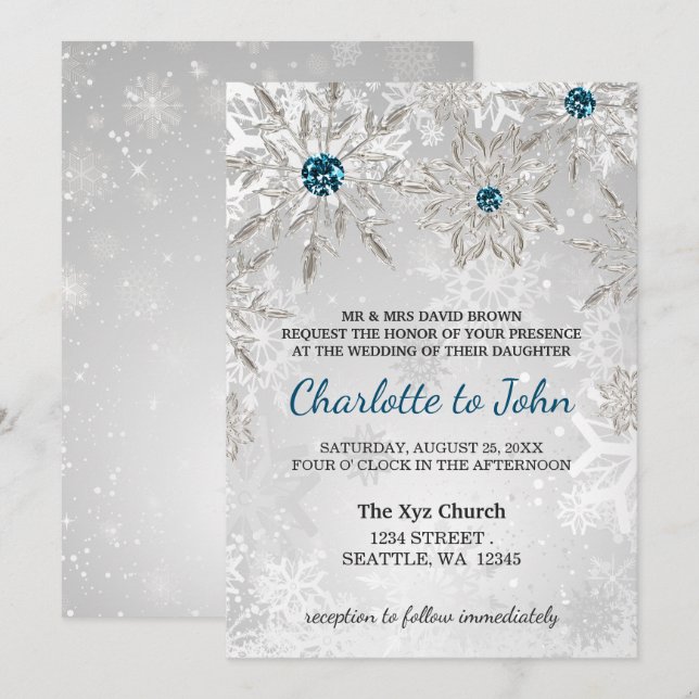 argent aqua flocons de neige invitation de mariage (Devant / Derrière)