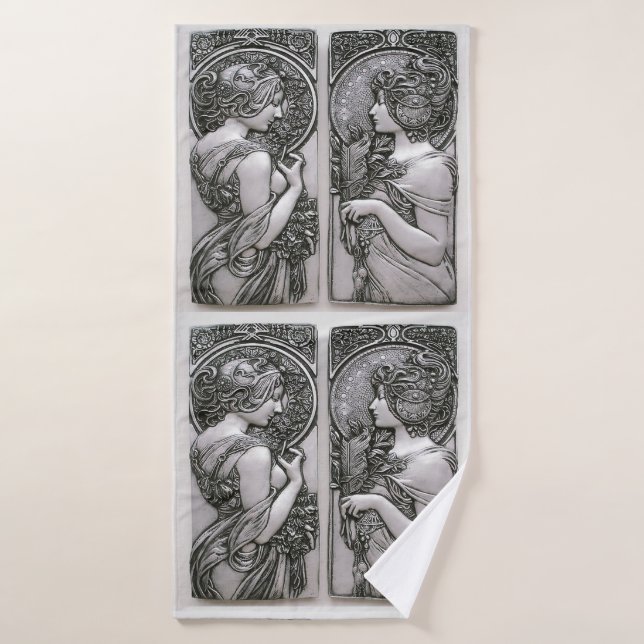 Argent, Art nouveau, design, femelles, Mucha, beau (Serviette de bain)