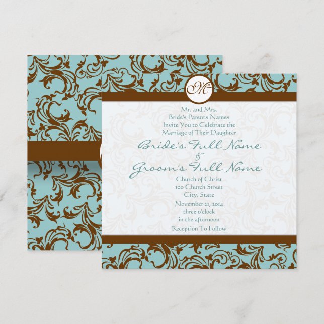 Argent Brown Damask Aqua Blue Faire-part de mariag (Devant / Derrière)