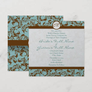 Argent Brown Damask Aqua Blue Faire-part de mariag