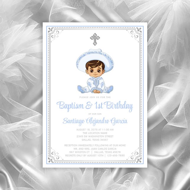 Argent Charro Baptême & Invitation Anniversaire (Cute baby charro baptism invitation. All text can be changed, baby moved, cross moved/removed.)
