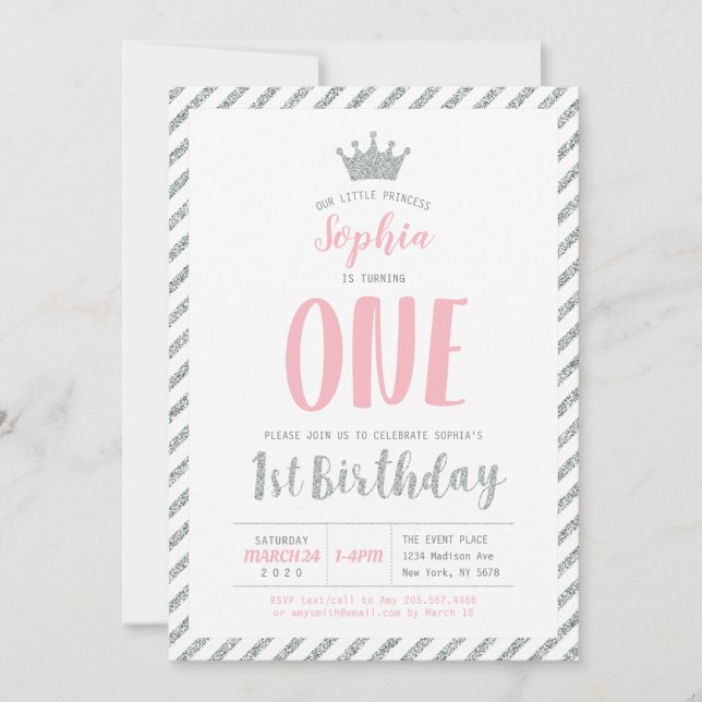 Argent Crown Princesse 1er anniversaire Invitation (Devant)