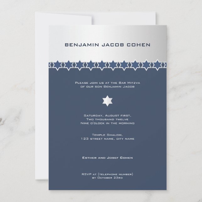 Argent et marine - invitation de Mitzvah de barre (Devant)