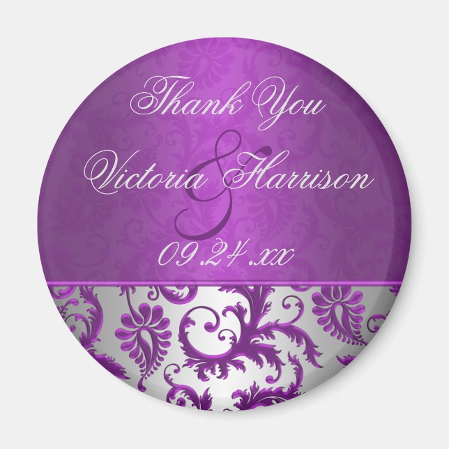 Argent et pourpre Damask II mariage Faveur aimant (Devant)