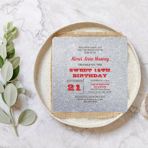Argent et Ruby Rouge Parkly Sweet 16 Invitation