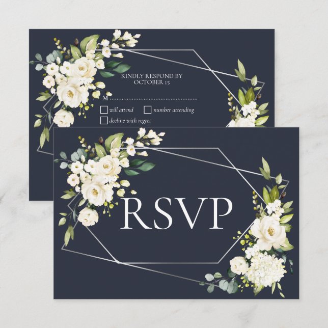 Argent Géométrique Bleu Blanc Floral RSVP (Devant / Derrière)