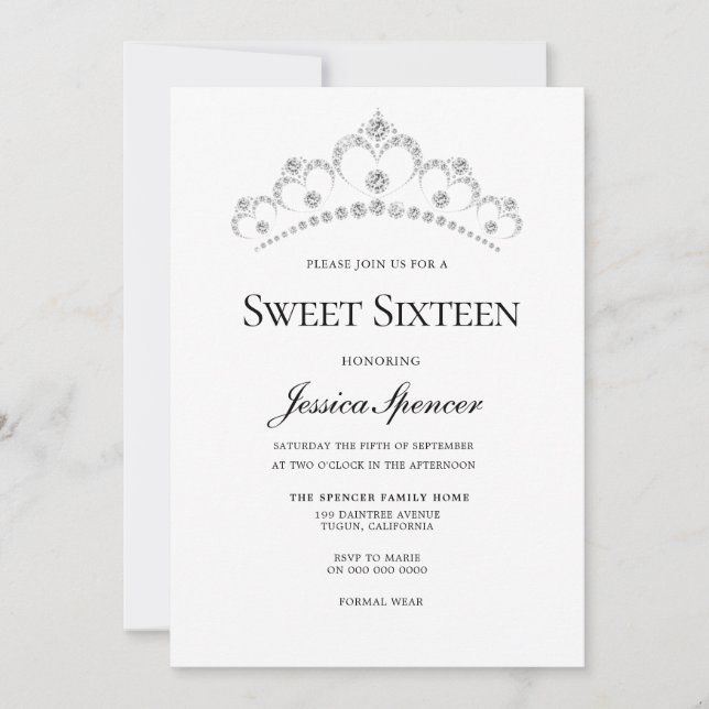 Argent & Marine Diamond Tiara Sweet 16 Invitation  (Devant)