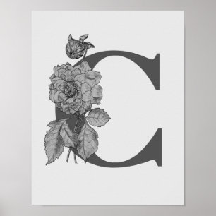 Argent Peony Elegant Monogramme Initial C Poster