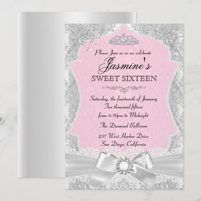 Argent rose Damask Bow Sweet 16 Invitation (Devant / Derrière)