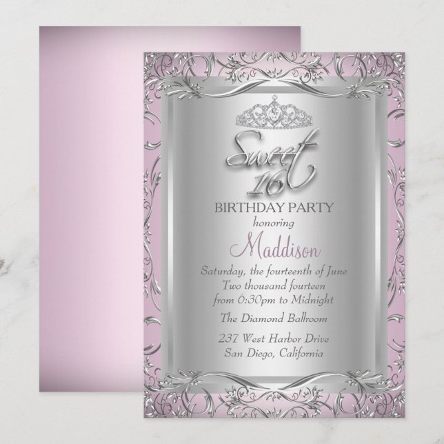 Argent rose Damask Tiara Sweet 16 Invitation (Devant / Derrière)
