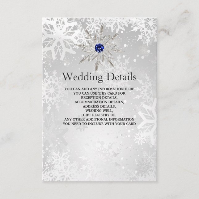 argent royal bleu snowflakes Mariage Détails Carte (Devant)