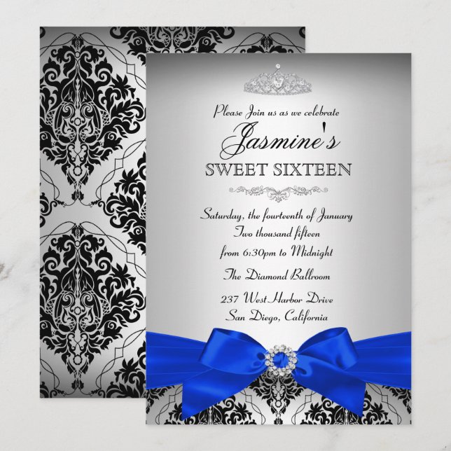 Argent & Royal Blue Damask Sweet 16 Invitation (Devant / Derrière)