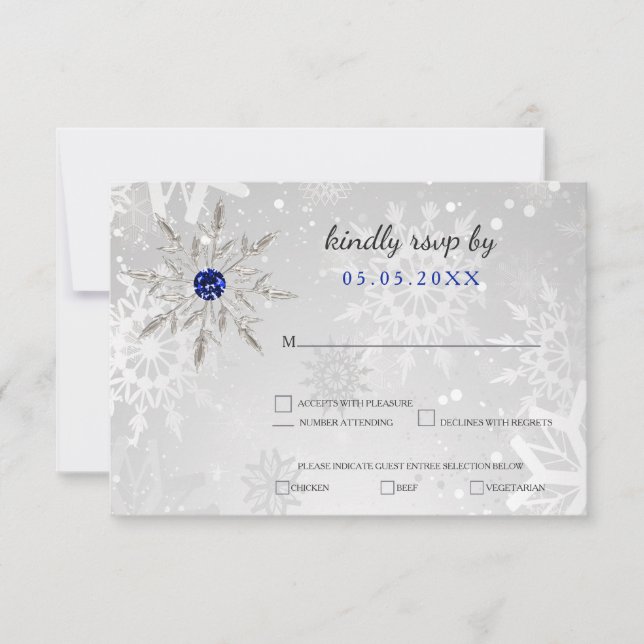argent Royal Blue snowflakes mariage hiver rsvp (Devant)