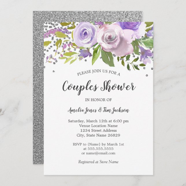 Argent Violet Floral Couples Douche Invitation (Devant / Derrière)