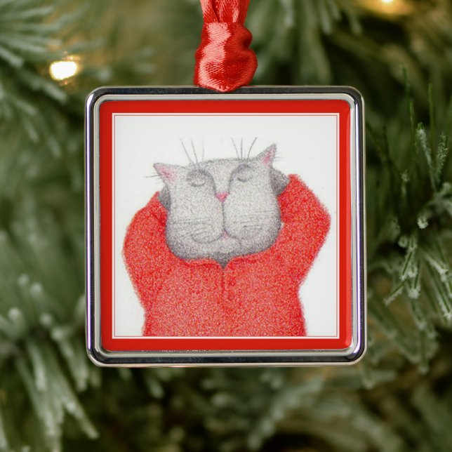 Argenté Ornement carré Premium RED LONG JOHNS CAT (Arbre)