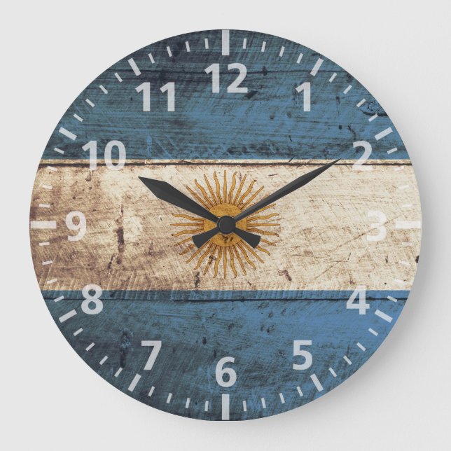 Argentina Flag on Old Wood Grain Große Wanduhr (Vorderseite)